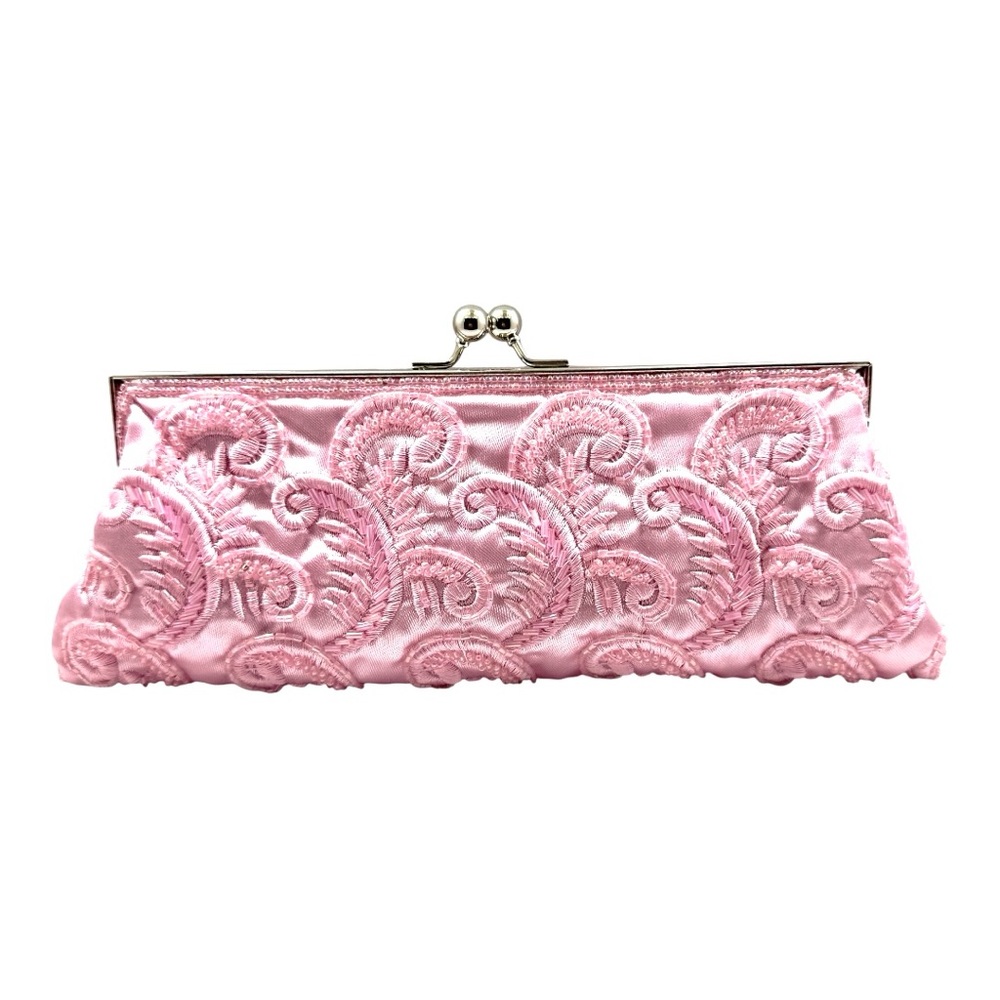 Elegant Pink Embroidered Beaded Clutch Hang Bag purse w/ shoulder strap chain